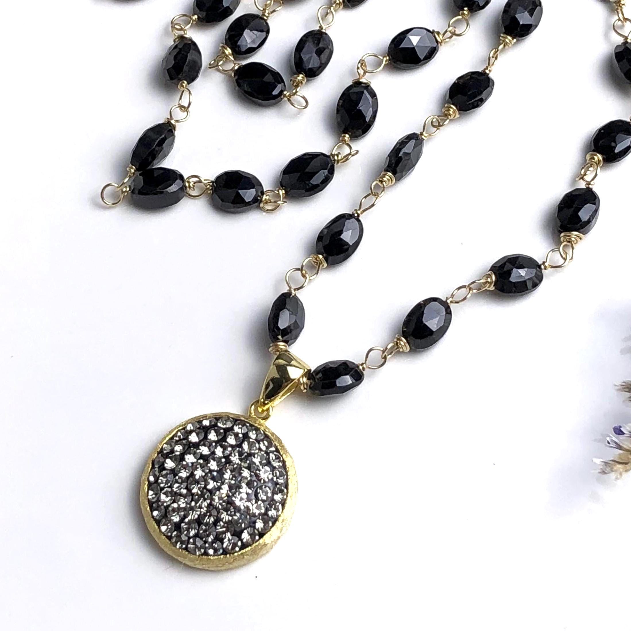 Black Spinel Necklace: Gold Filled Wire Wrap, Cubic Zirconia Pendant 7662