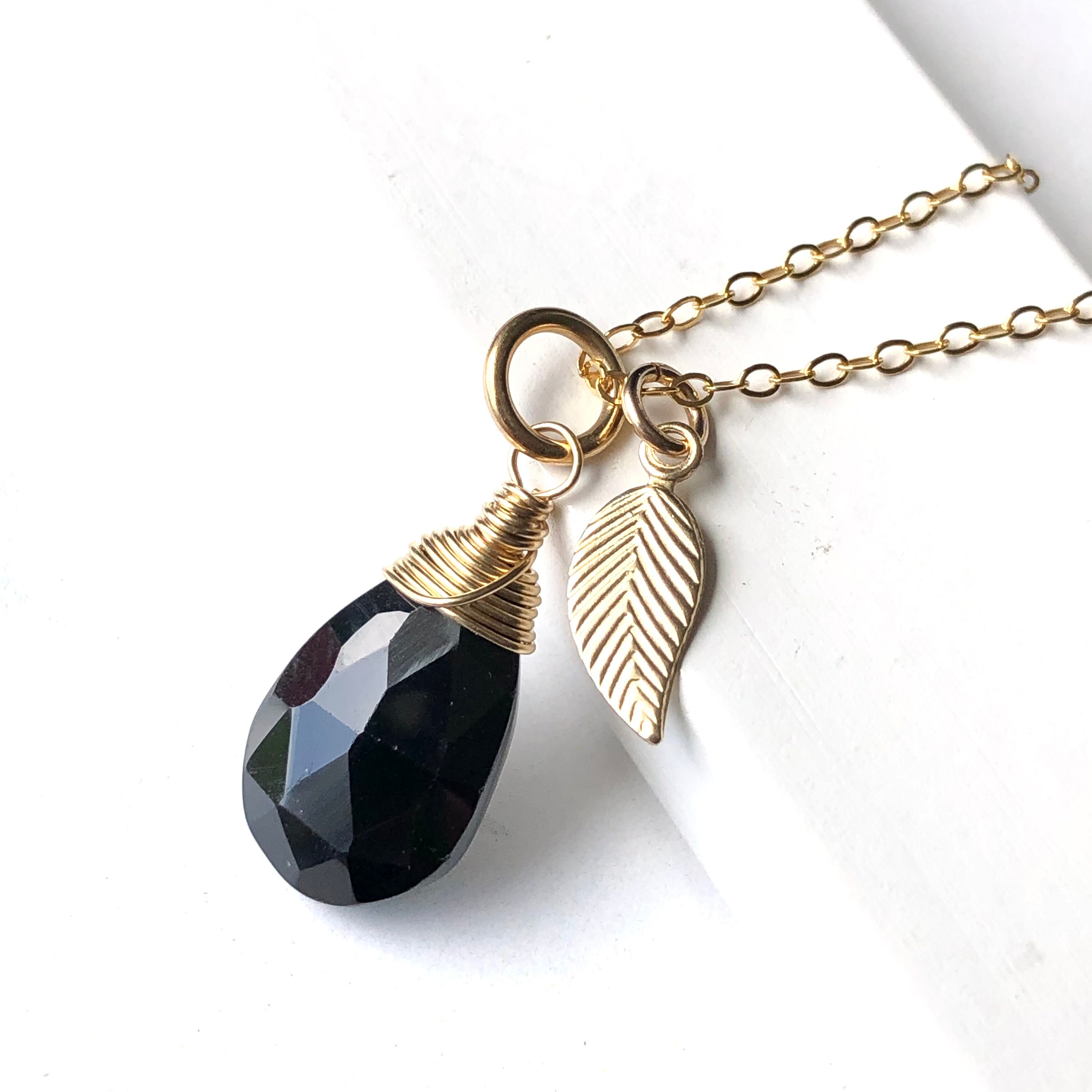 Black Spinel Necklace Gold Filled Wire Wrapped Natural Gemstone Minimalist Simple Drop Pendant Choker Leaf Charm Birthday  Gift For Her 6800