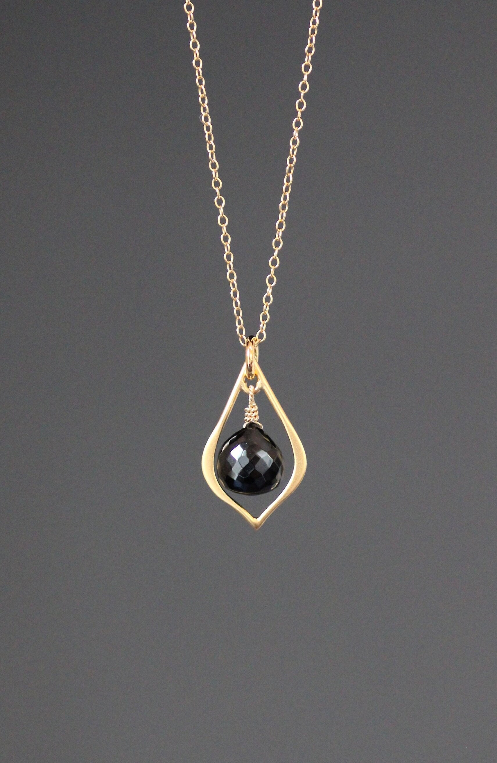 Black Spinel Necklace - Gold Pendant Necklace - Black Gemstone Pendant - Black And Gold Necklace - Gold Wire Wrapped Pendant - Brushed Gold