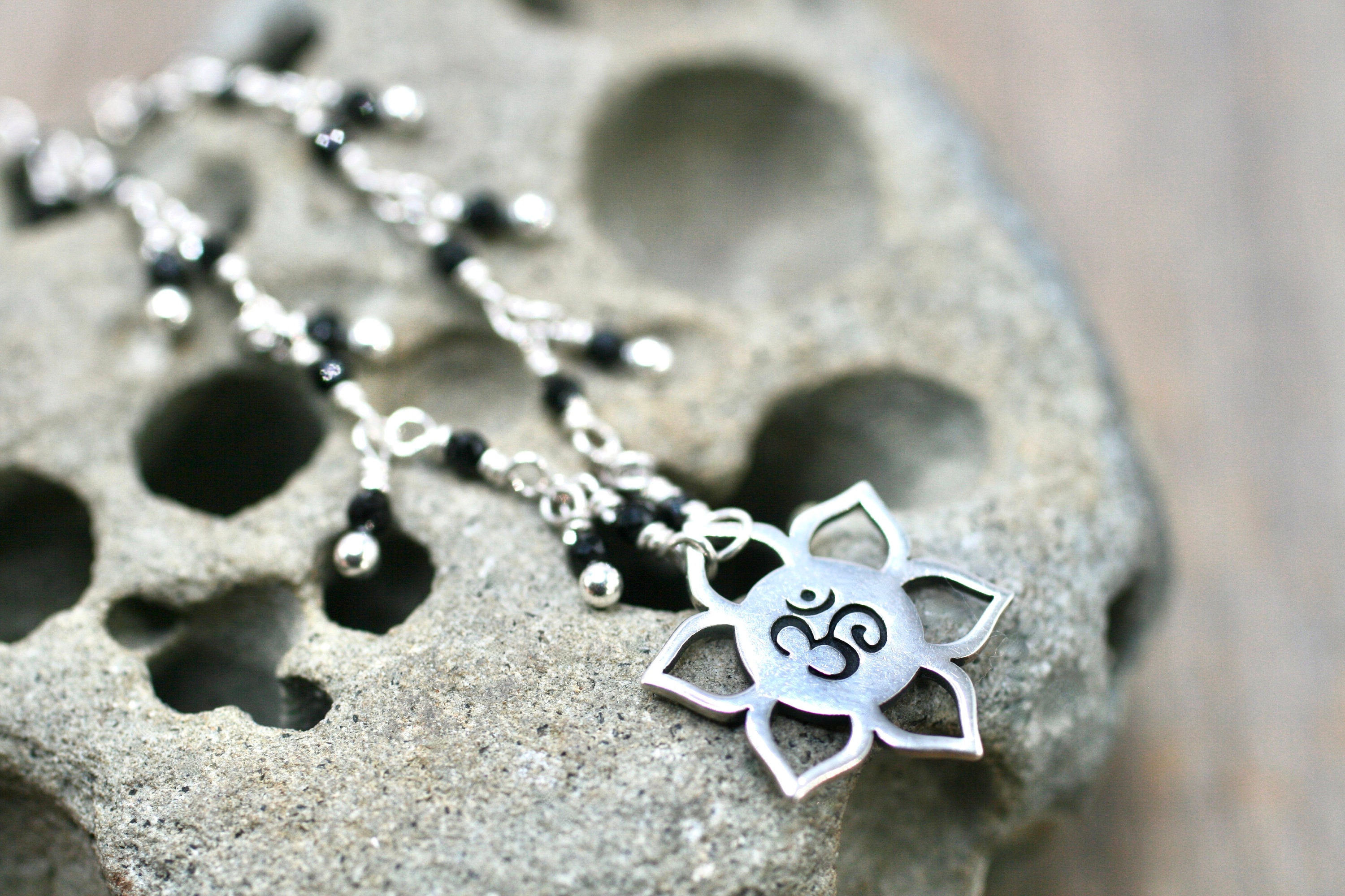 Black Spinel Om Necklace: Sterling Silver Yoga Pendant