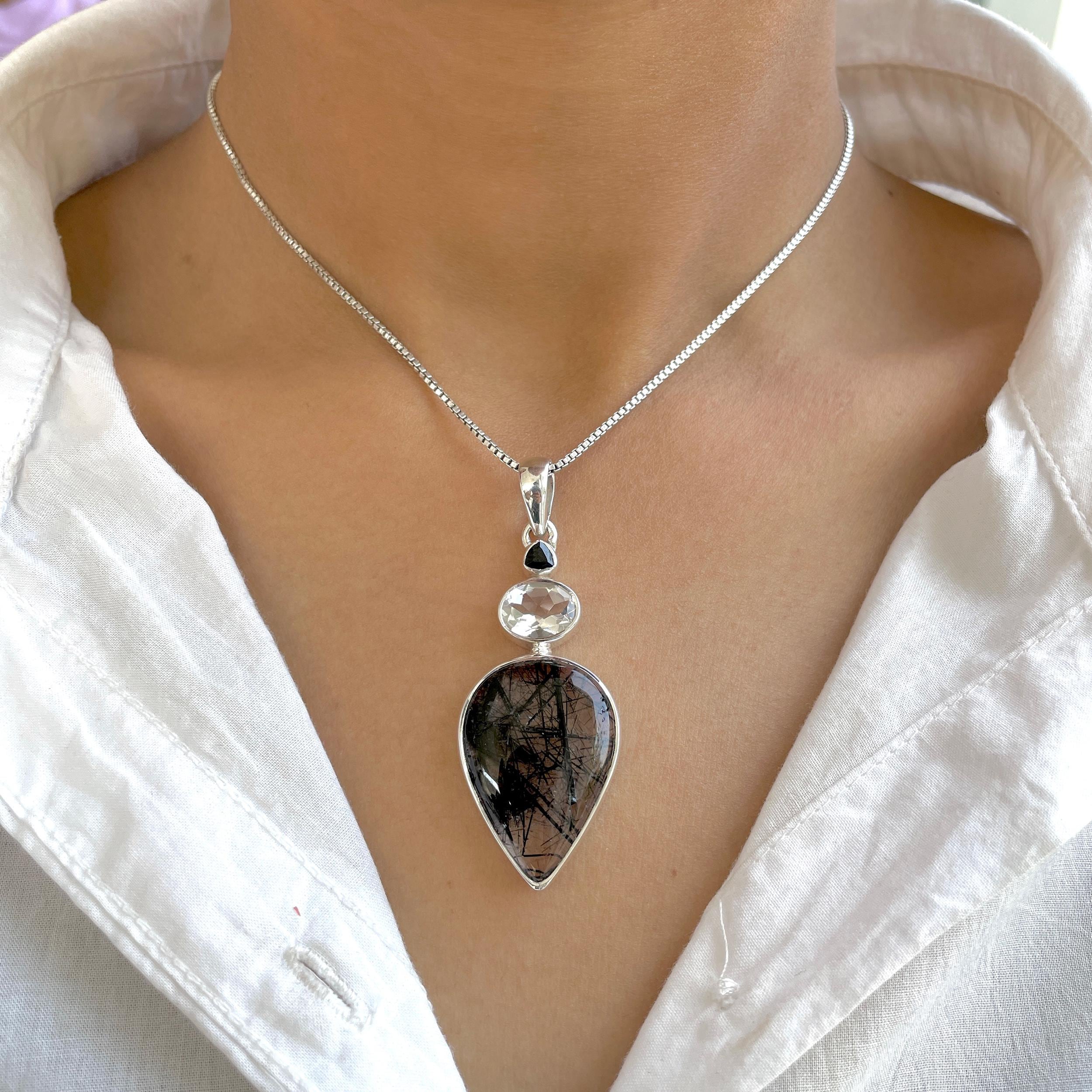 Black Rutile, Black Spinal, Crystal Pendant / 925 Sterling Silver / Healing Gemstone / Pear Cab / Black Rutile Statement Jewelry / Blr-p-45.