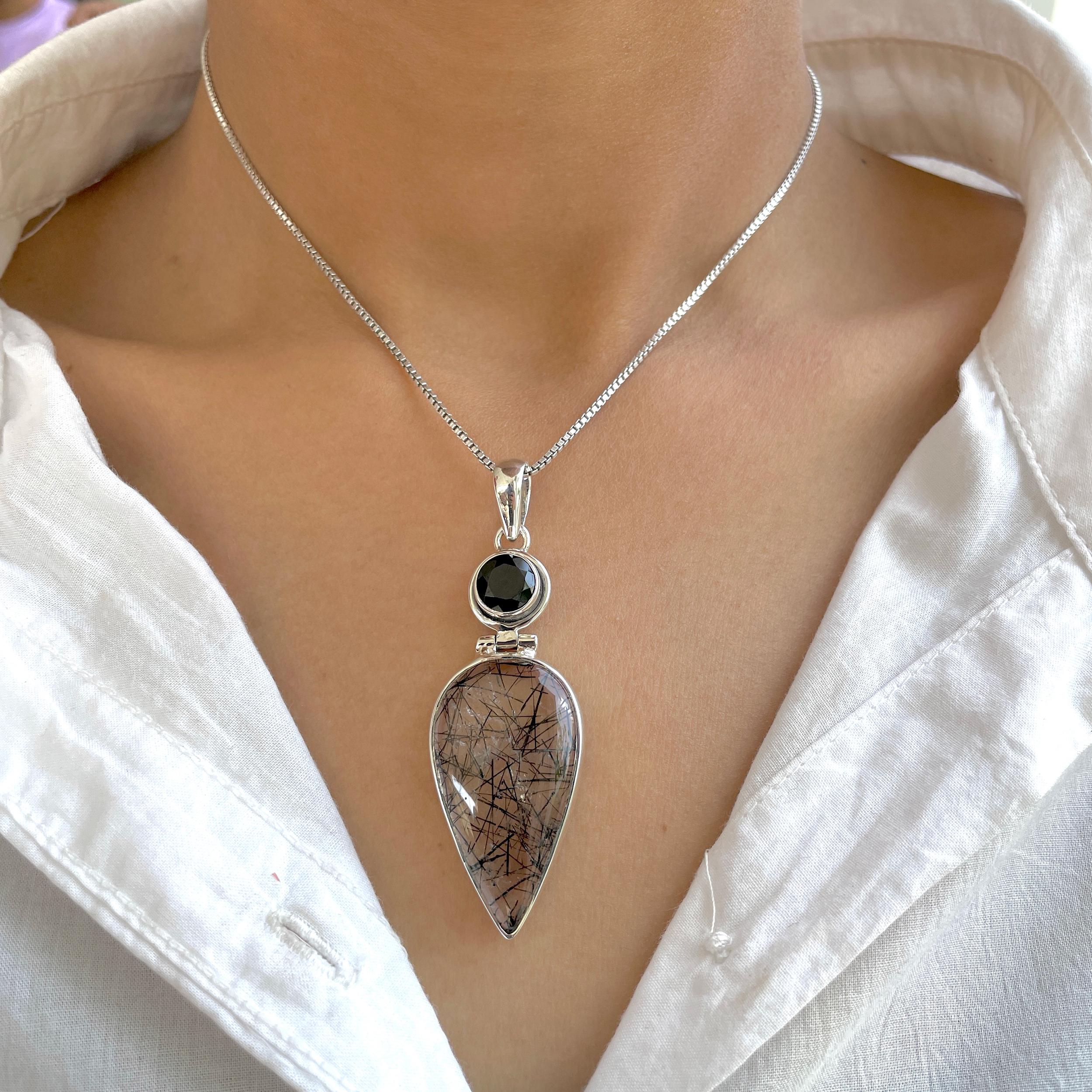 Black Rutile, Black Spinal Pendant / 925 Sterling Silver / Healing Gemstone / Gifts For Her / Black Rutile Statement Jewelry / Blr-p-43.