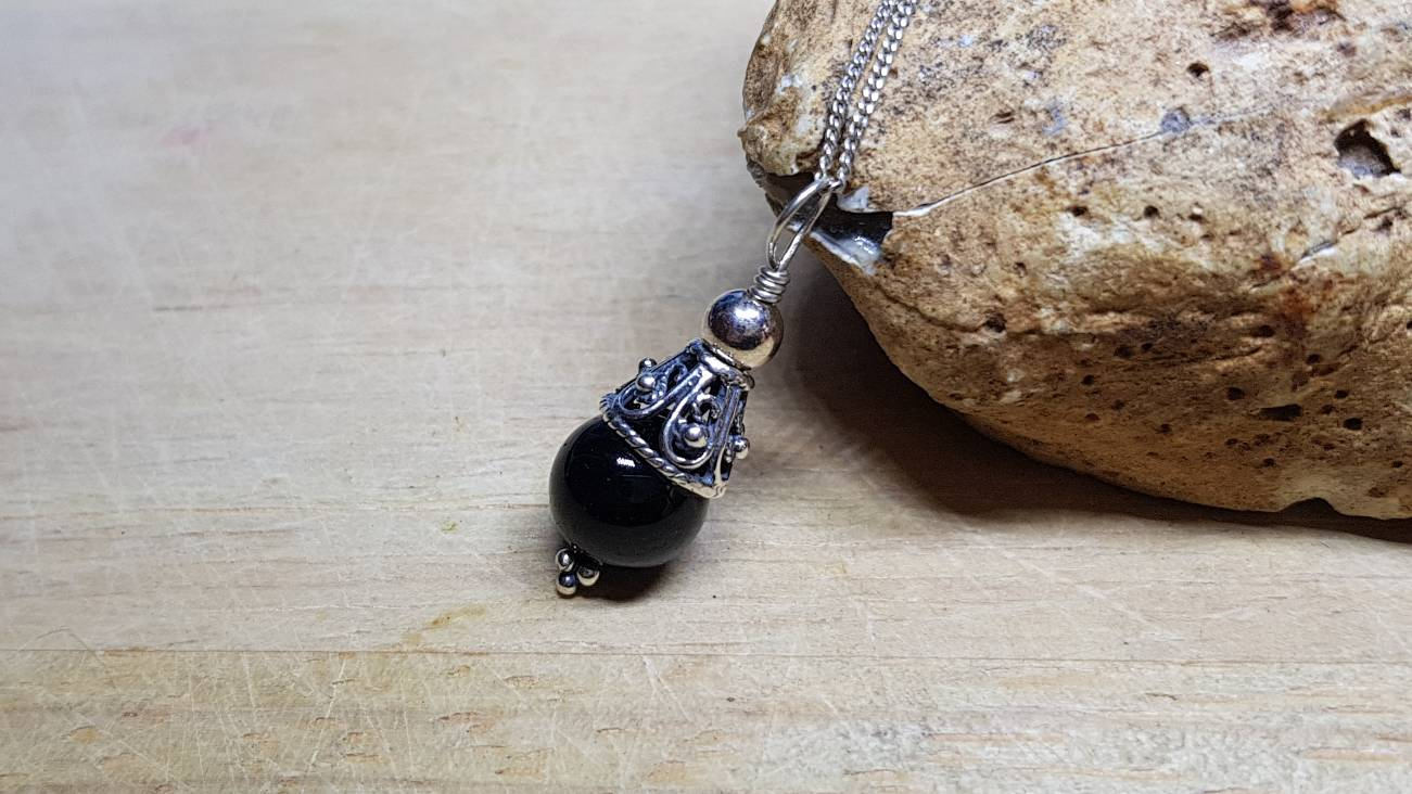 Black Spinel Pendant. Silver Cone Necklace. Bali Silver Beads. Reiki Jewelry Uk.