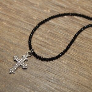Pave Diamond Cross Necklace, Black Spinel Stones, Diamond Cross Pendant, Sterling Silver, Genuine Diamond Jewelry