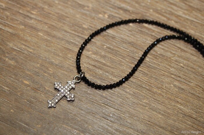 Pave Diamond Cross Necklace, Black Spinel Stones, Diamond Cross Pendant, Sterling Silver, Genuine Diamond Jewelry