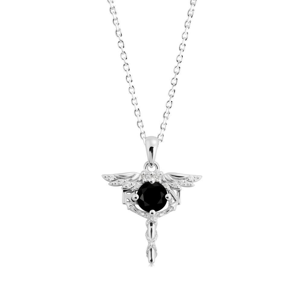 Round Natural Black Spinel Caduceus Necklace, Black Stone Rn Caduceus Pendant Graduation Gift