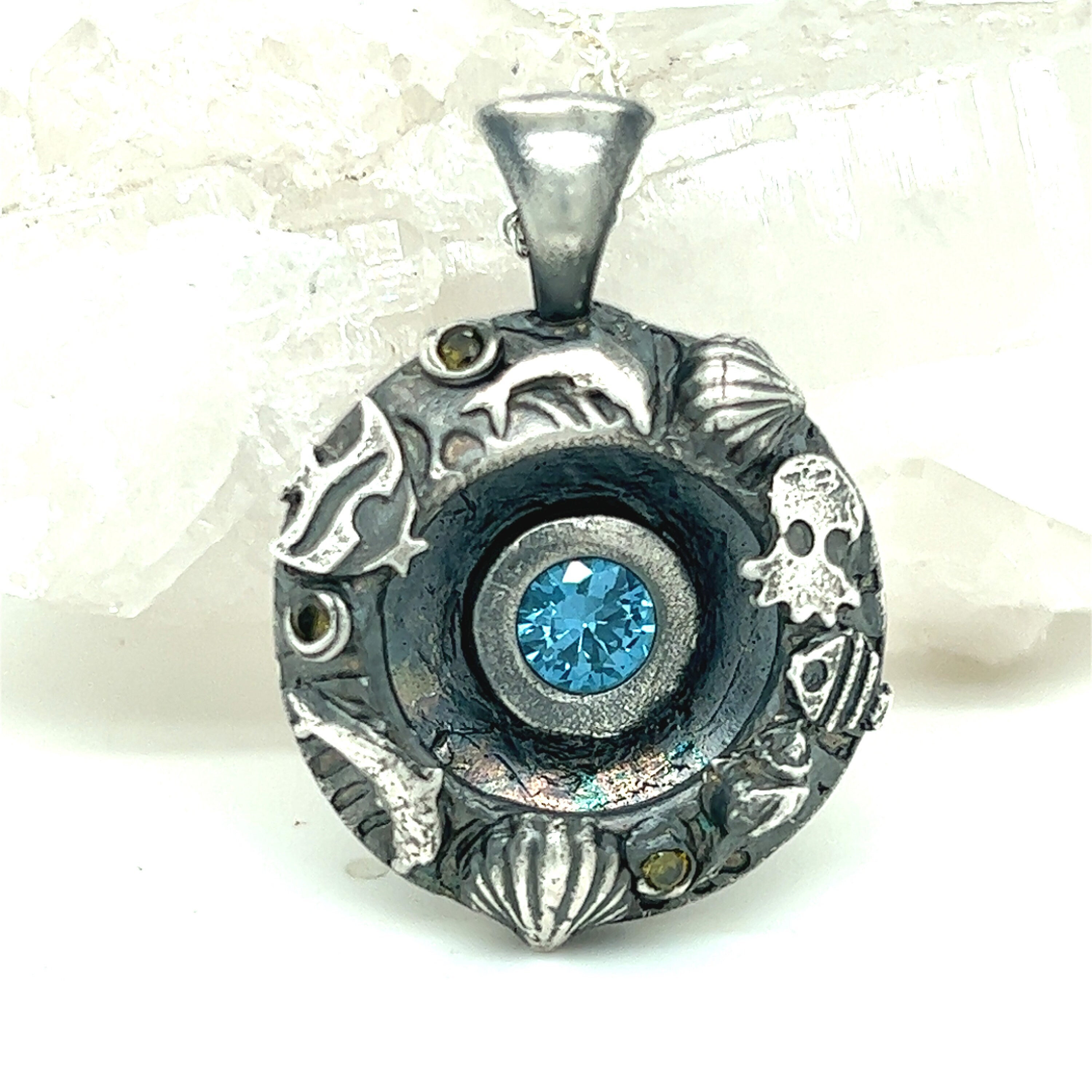 Sea Life Silver Necklace, Ocean Critters, Octopus, Dolphin, Angel Fish, Shells, Sea Blue Spinel Gem, 999 Silver Pendant, Custom Silver Chain