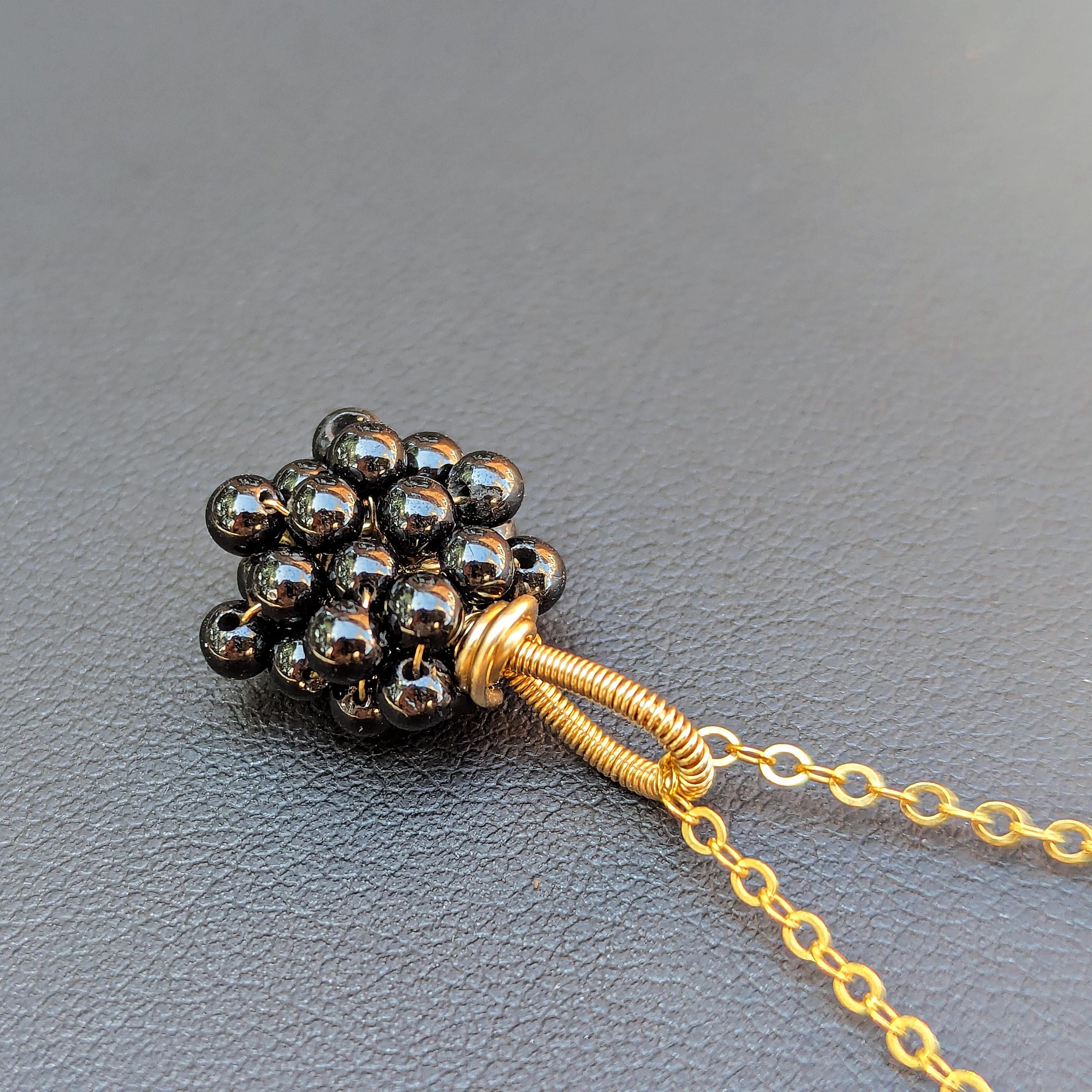 Small Black Spinel Gold Filled Pendant Necklace, Unusual Petite Beaded Cluster Focal On Fine Rolo Or Cable Chain, You Choose Length