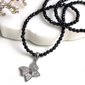 Sterling Silver Butterfly Pendant Necklace, Black Spinel Choker 7660 Sterling Silver Butterfly Pendant Necklace, Black Spinel Choker 7660