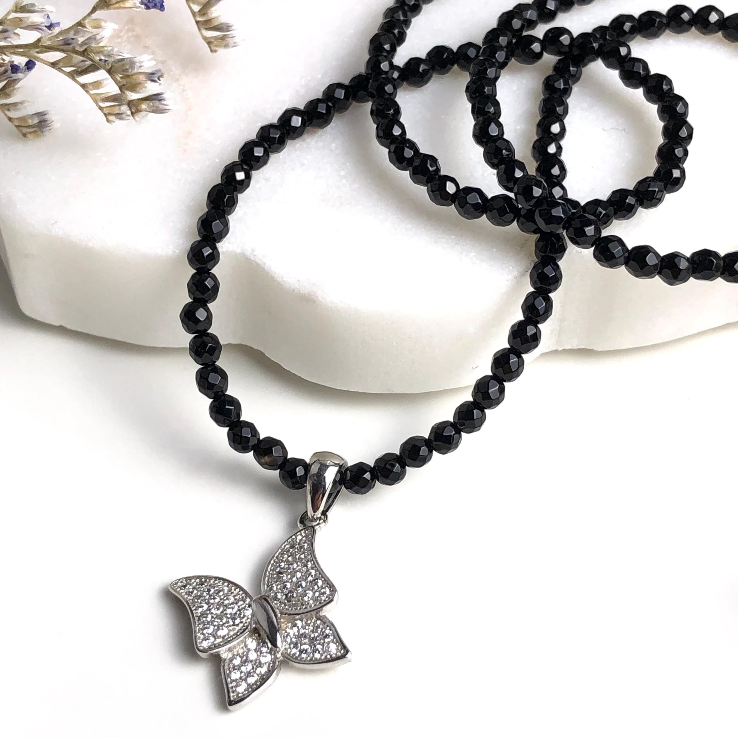 Sterling Silver Butterfly Pendant Necklace, Black Spinel Choker 7660