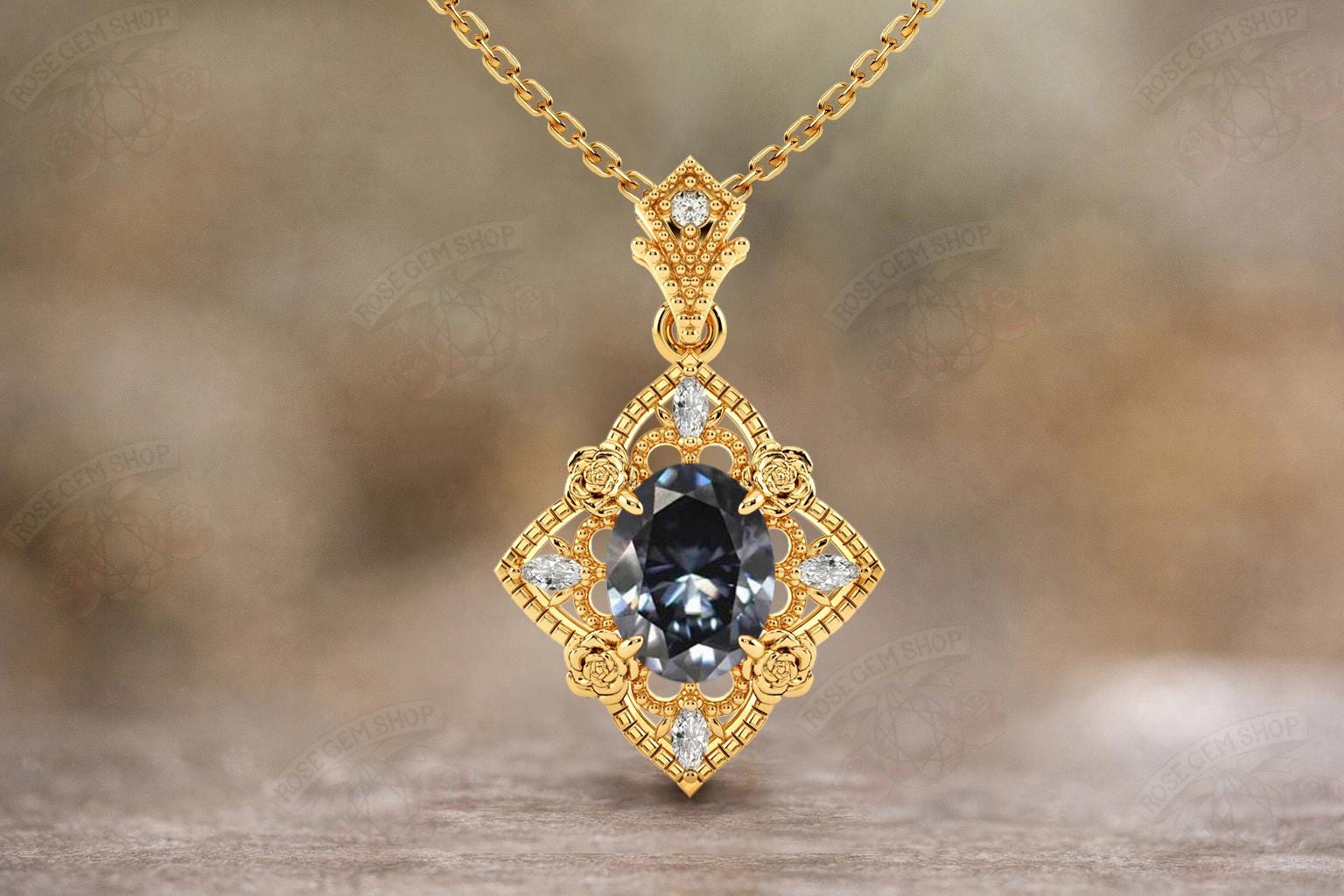 Unique Grey Spinel Pendant For Women 925 Sliver Spinel Floral Necklace Art Deco Leaf Pendant Vintage Spinel Statement Pendant Gift For Her