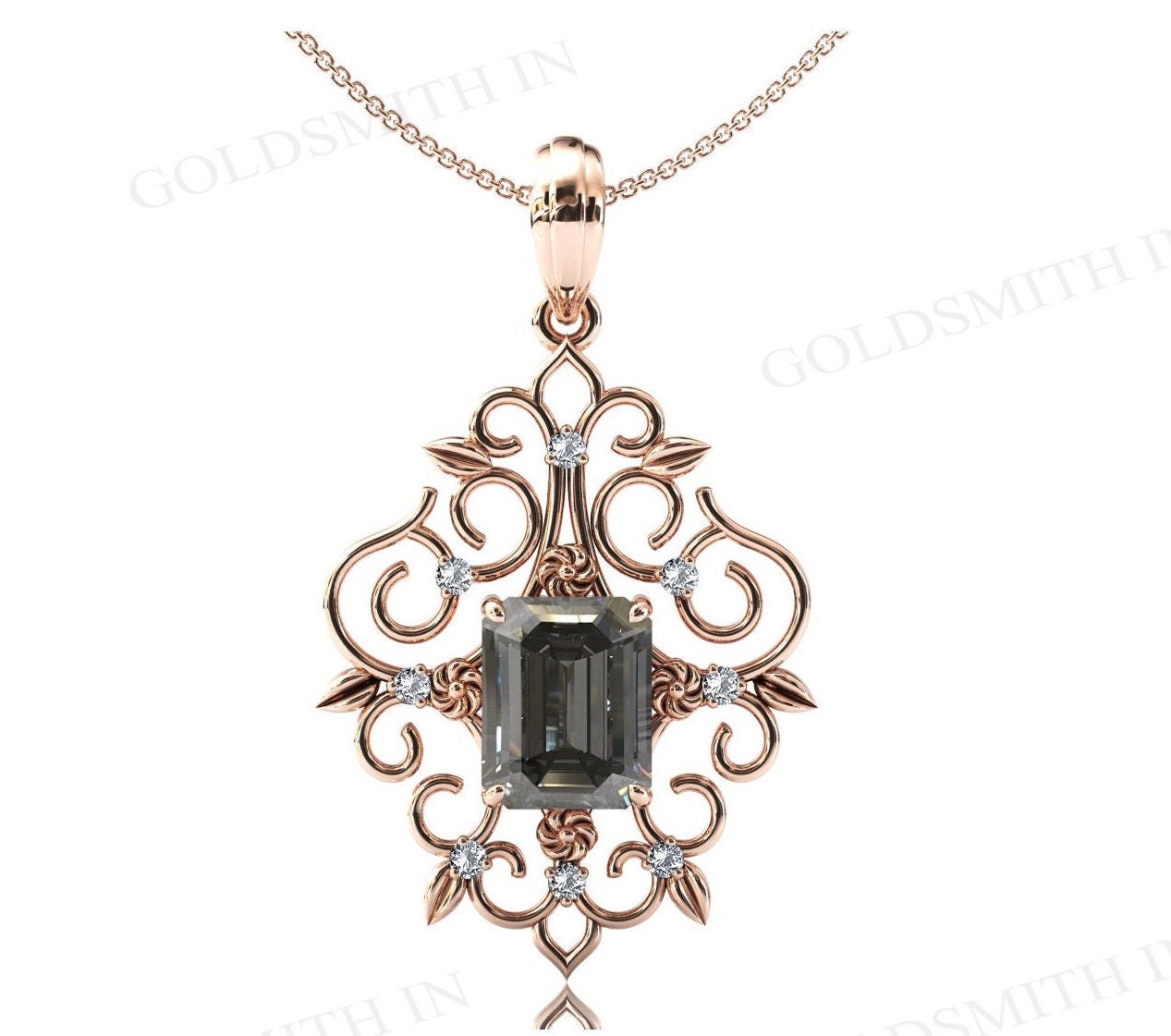 Unique Grey Spinel Wedding Pendant Art Deco Filigree Design Bridal Pendant Emerald Cut Grey Gemstone Necklace Statement Pendant For Women