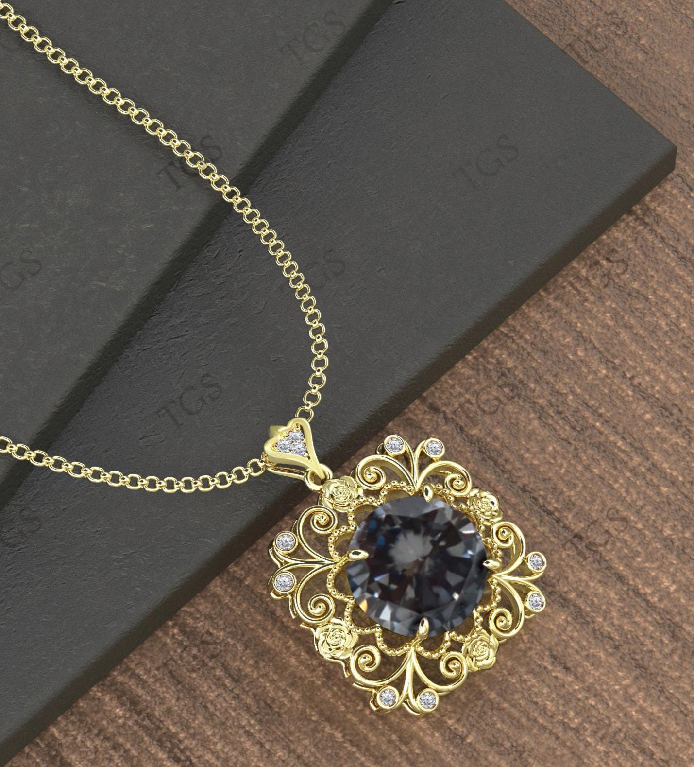Vintage Grey Spinel Necklace For Her 925 Silver Grey Spinel Handmade Pendant Art Deco Filigree Necklace Unique Floral Design Pendant For Her