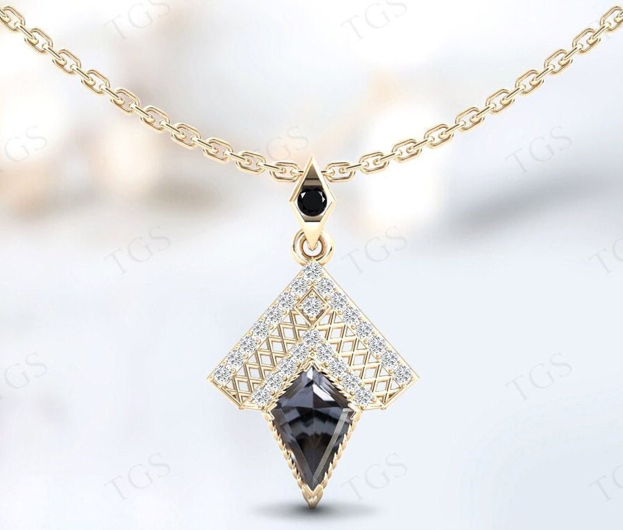 Vintage Grey Spinal Pendant Kite Shaped Grey Spinal Wedding Pendant For Women 925 Silver Statement Pendant Art Deco Chevron Style Pendant