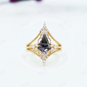 14K Gold Grey Spinal Engagement Ring Set For Her Art Deco Kite Wedding Ring Set Kite Cut Grey Spinal Bridal Ring Set Unique Promise Ring Set