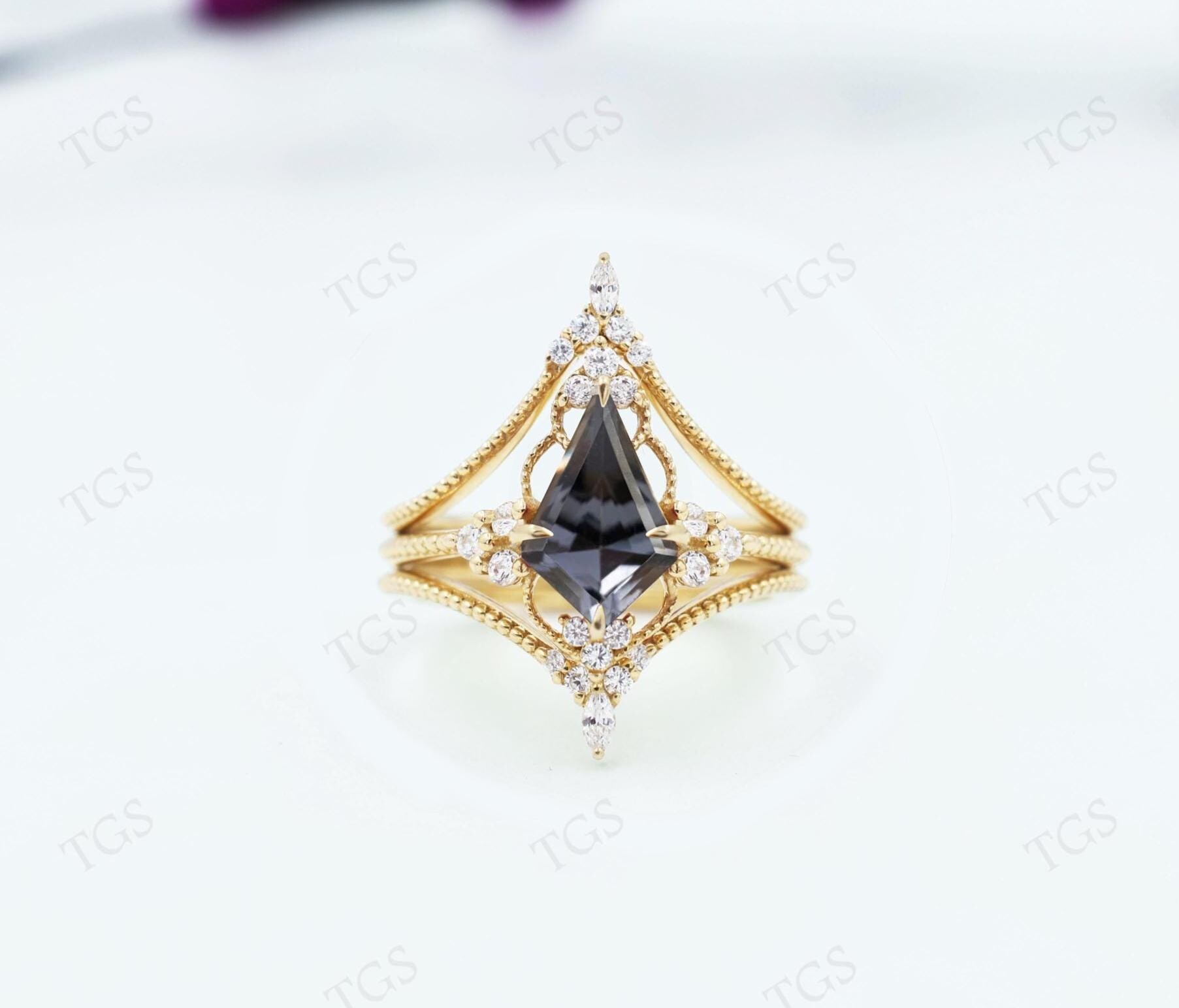 14k Gold Grey Spinal Engagement Ring Set For Her Art Deco Kite Wedding Ring Set Kite Cut Grey Spinal Bridal Ring Set Unique Promise Ring Set 14k Gold Grey Spinal Engagement Ring Set For Her Art Deco Kite Wedding Ring Set Kite Cut Grey Spinal Bridal Ring Set Unique Promise Ring Set