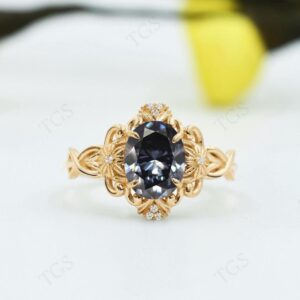 14K Gold Vintage Grey Spinal Engagement Ring For Women Art Deco Grey Spinal Gemstone Floral Ring Antique Filigree Design Wedding Ring Gift