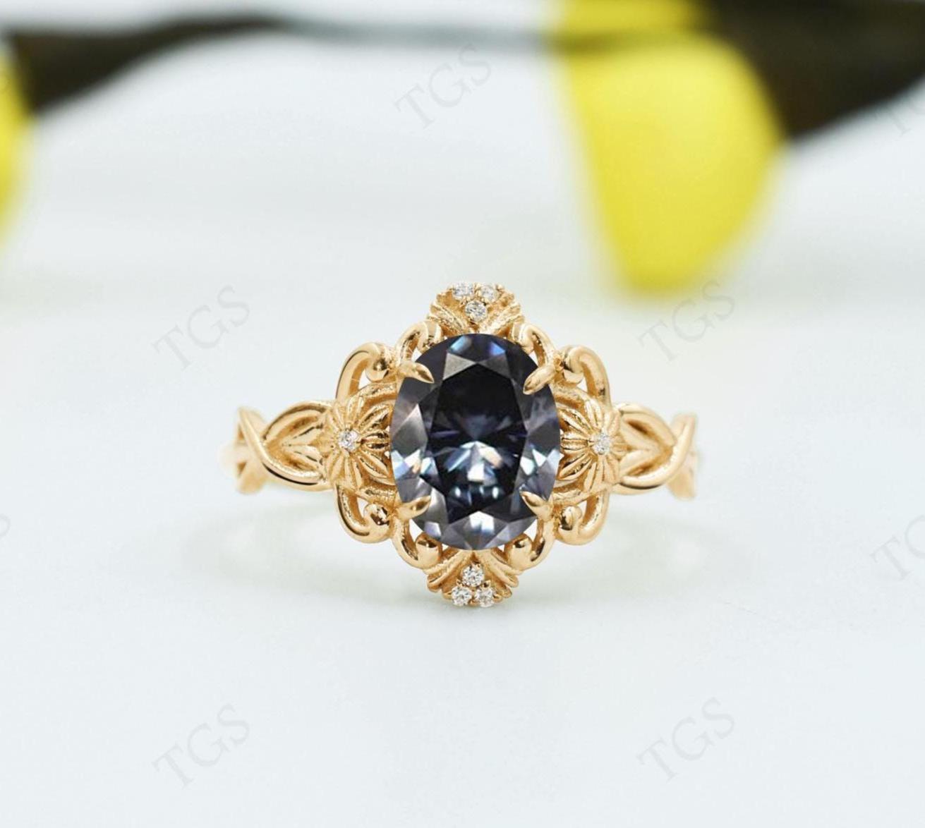 14k Gold Vintage Grey Spinal Engagement Ring For Women Art Deco Grey Spinal Gemstone Floral Ring Antique Filigree Design Wedding Ring Gift