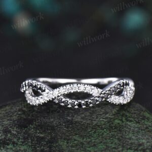 Black Diamond Wedding Band Solid 14k White Gold Antique Infinity Half Eternity Diamond Stacking Bridal Ring Women Jewelry Black Spinel Ring