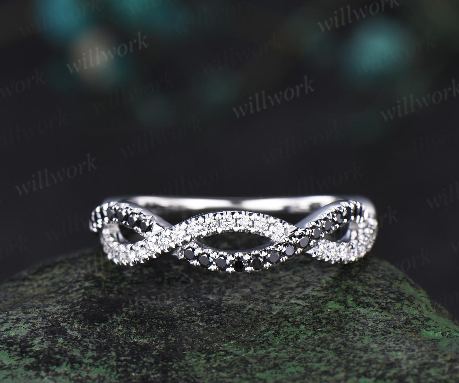 Black Diamond Wedding Band Solid 14k White Gold Antique Infinity Half Eternity Diamond Stacking Bridal Ring Women Jewelry Black Spinel Ring