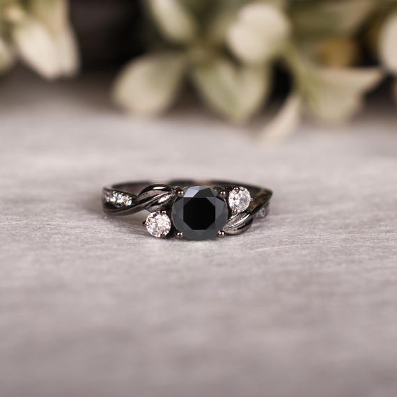 Black Spinel Engagement Ring, Black Gold Plated 925 Sterling Silver, Bridal Jewelry