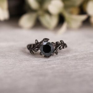 Black Spinel Engagement Ring, Rhodium Sterling Silver Leaf Black Spinel Engagement Ring, Rhodium Sterling Silver Leaf