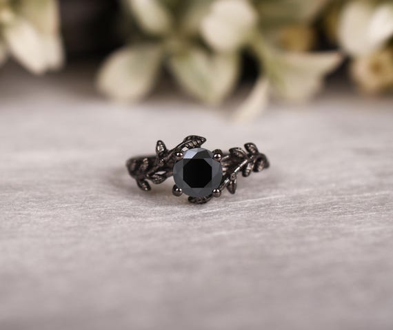 Black Spinel Engagement Ring, Rhodium Sterling Silver Leaf