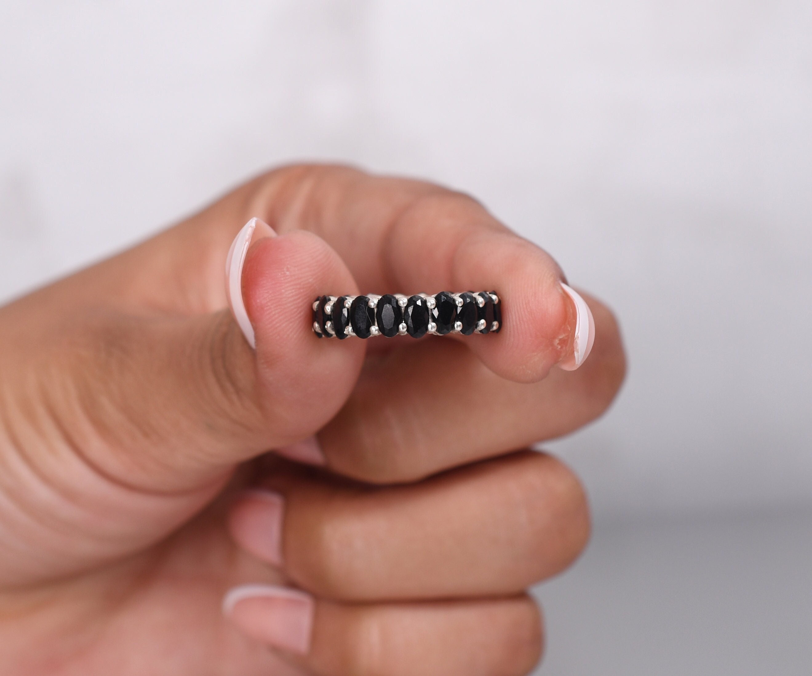 Black Spinel Eternity Band Ring, Sterling Silver Wedding Jewelry
