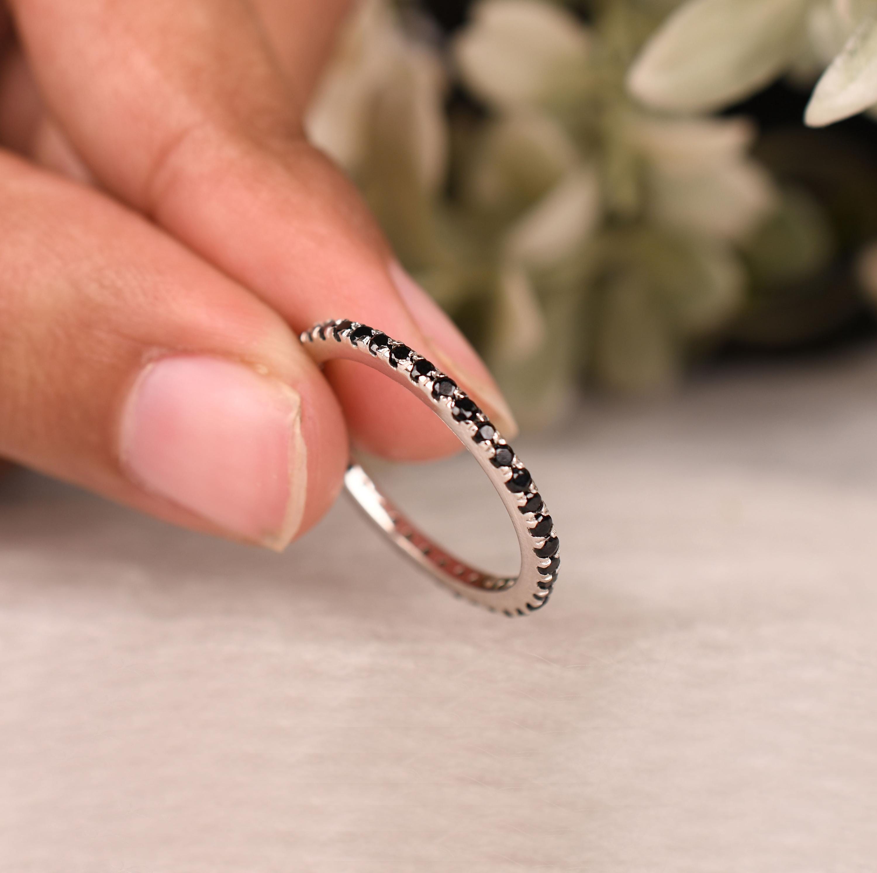Black Spinel Eternity Band: Sterling Silver Wedding Ring, 14k Gold
