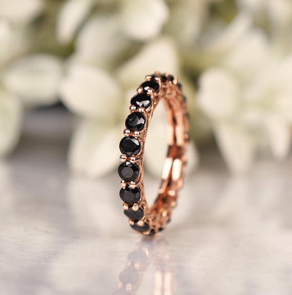Black Spinel Full Eternity Ring, Rose Gold Stacking Band Black Spinel Full Eternity Ring, Rose Gold Stacking Band