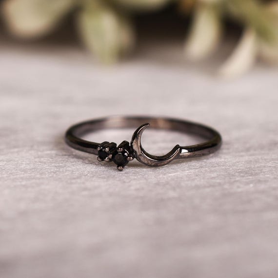 Black Gold Plated Half Moon Ring Unique Spinel Rings Anniversary Gifts Dainty Ring Jewelry Black Gold Plated Half Moon Ring Unique Spinel Rings Anniversary Gifts Dainty Ring Jewelry