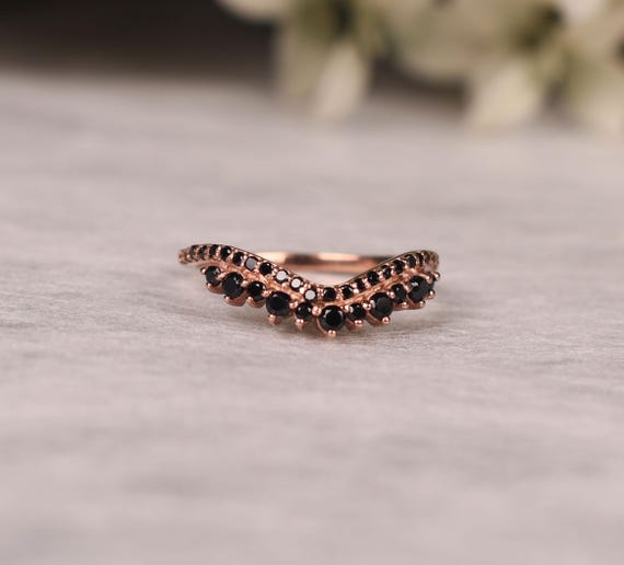 Black Spinel Rose Gold Wedding Ring: Sterling Silver Stacking Band Curved Rings Gifts