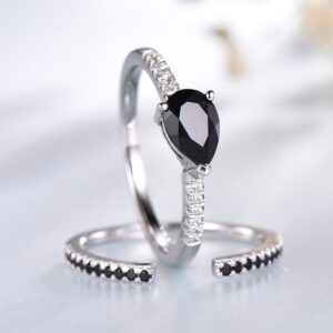 Black Spinel Ring Set: Sterling Silver Pear Cut Wedding Band Black Spinel Ring Set: Sterling Silver Pear Cut Wedding Band