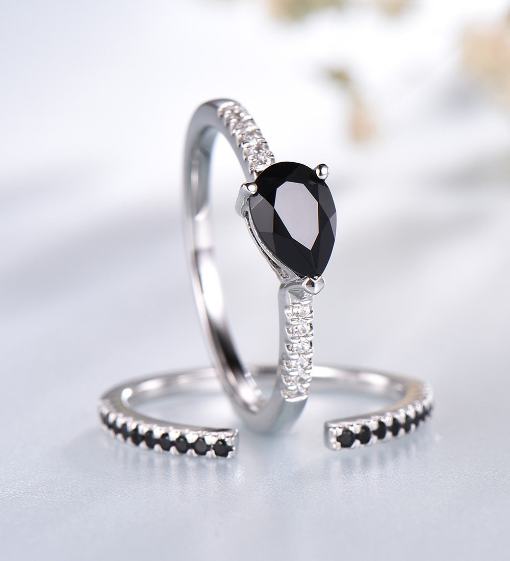 Black Spinel Ring Set: Sterling Silver Pear Cut Wedding Band Black Spinel Ring Set: Sterling Silver Pear Cut Wedding Band