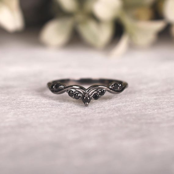 Black Spinel Wedding Ring, Ultra Thin Black Gold Plated Stacking Band