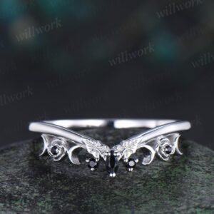 Curved black spinel wedding band solid 14k white gold five stone ring leaf flower moon wedding ring band women Personalized ring gift Curved black spinel wedding band solid 14k white gold five stone ring leaf flower moon wedding ring band women Personalized ring gift
