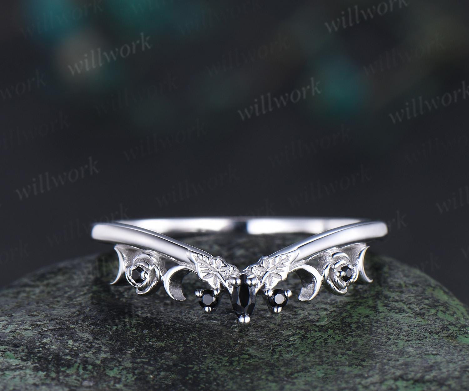 Curved Black Spinel Wedding Band Solid 14k White Gold Five Stone Ring Leaf Flower Moon Wedding Ring Band Women Personalized Ring Gift Curved Black Spinel Wedding Band Solid 14k White Gold Five Stone Ring Leaf Flower Moon Wedding Ring Band Women Personalized Ring Gift