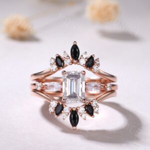 Emerald Cut Moissanite Ring Set: Rose Gold & Black Spinel Enhancer Band Emerald Cut Moissanite Ring Set: Rose Gold & Black Spinel Enhancer Band