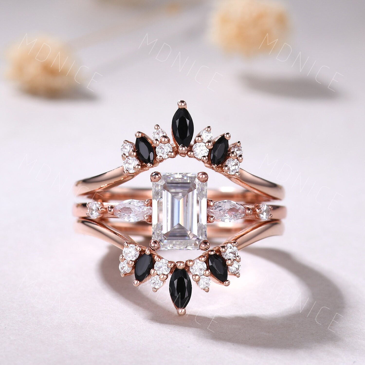 Emerald Cut Moissanite Ring Set: Rose Gold & Black Spinel Enhancer Band Emerald Cut Moissanite Ring Set: Rose Gold & Black Spinel Enhancer Band