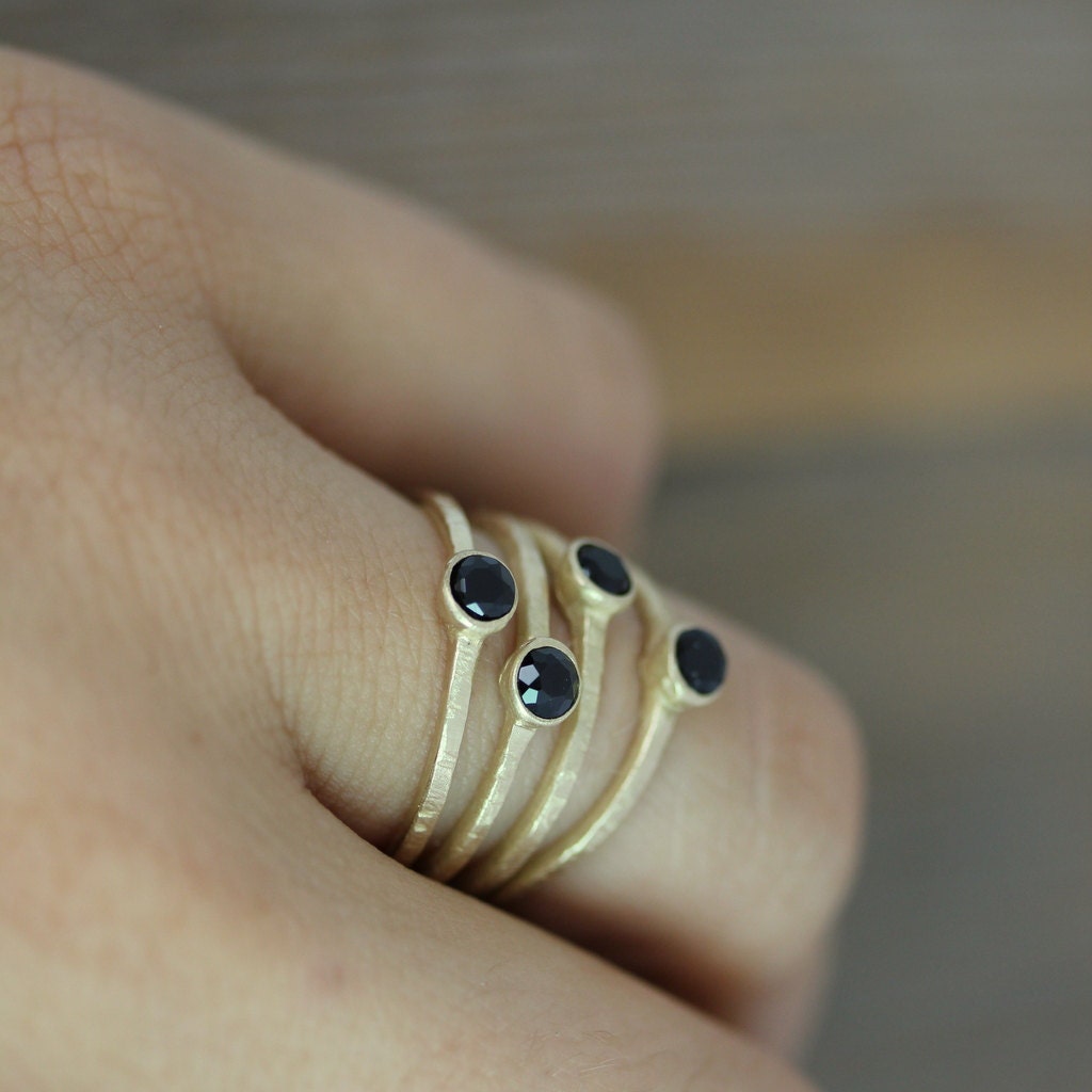 Handmade 14k Gold Black Spinel Ring: Rustic Hammered Band