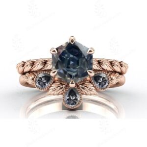 Hexagon Cut Grey Spinel Engagement Ring Set 925 Silver Spinel Leaf Style Ring Set Art Deco Wedding Ring Set 2 Pcs Bridal Ring Set For Women Hexagon Cut Grey Spinel Engagement Ring Set 925 Silver Spinel Leaf Style Ring Set Art Deco Wedding Ring Set 2 Pcs Bridal Ring Set For Women