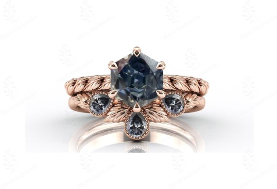 Hexagon Cut Grey Spinel Engagement Ring Set 925 Silver Spinel Leaf Style Ring Set Art Deco Wedding Ring Set 2 Pcs Bridal Ring Set For Women