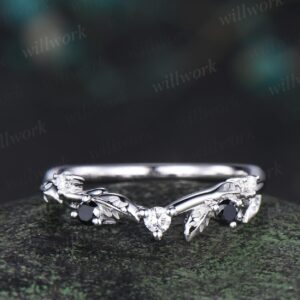 Leaf moissanite wedding band women solid 14k white gold five stone black spinel wedding ring band vintage stacking bridal ring gift Leaf moissanite wedding band women solid 14k white gold five stone black spinel wedding ring band vintage stacking bridal ring gift