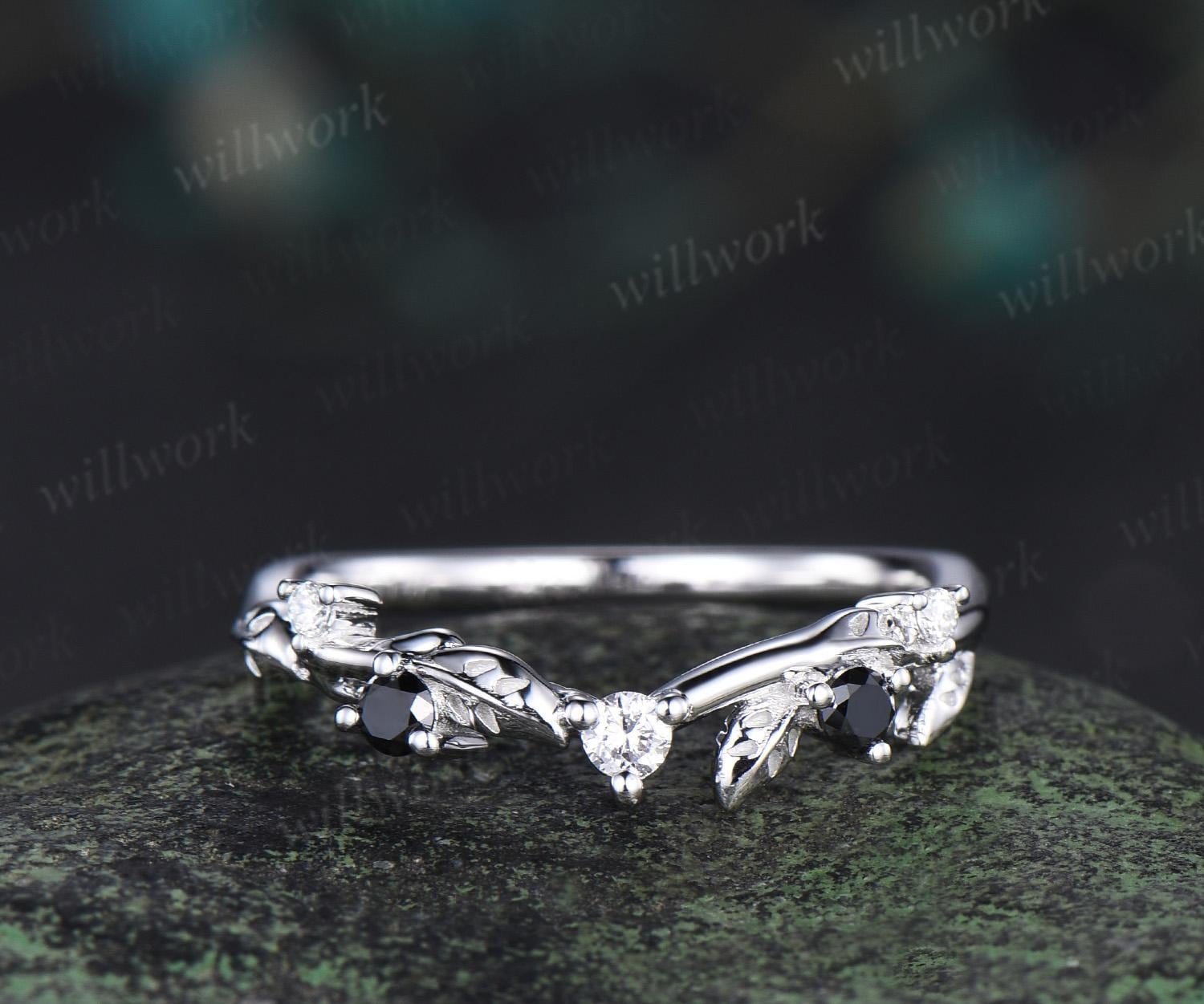 Leaf Moissanite Wedding Band Women Solid 14k White Gold Five Stone Black Spinel Wedding Ring Band Vintage Stacking Bridal Ring Gift Leaf Moissanite Wedding Band Women Solid 14k White Gold Five Stone Black Spinel Wedding Ring Band Vintage Stacking Bridal Ring Gift