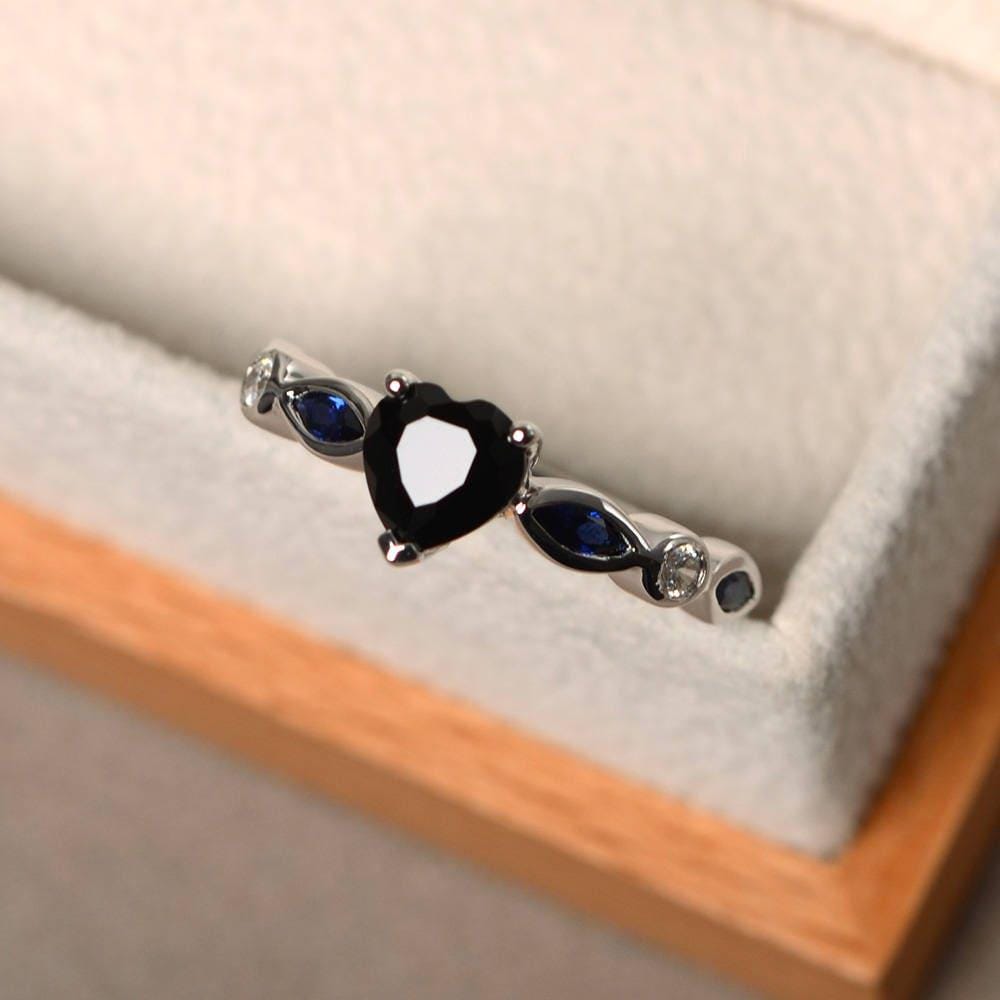 Natural Black Spinel Rings, Promise Rings, Heart Cut Rings, Black Gemstone, Sterling Silver Ring, Lovely Rings
