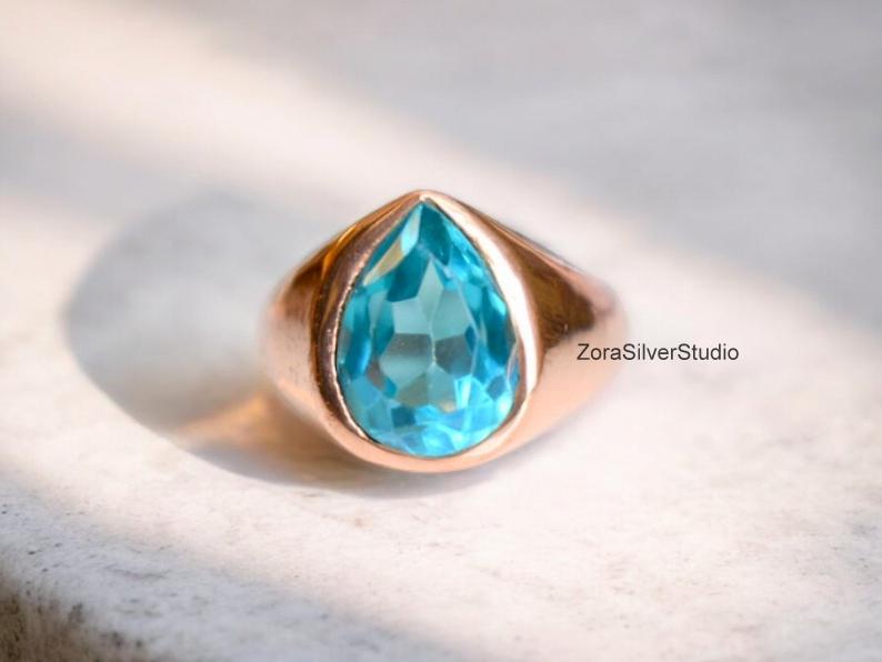 Natural Blue Spinel Signet Ring, 22k Gold Vermeil Over Sterling Silver, Rare Blue Gemstone Ring, Unisex Statement Jewelry, Gold Signet