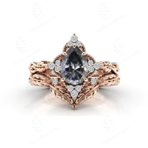 Natural Grey Spinel 2 Piece Ring Set For Engagement 14k Rose Gold Spinel Ring Set Art Deco Leaf Style Ring Set Unique Ring Set For Wedding Natural Grey Spinel 2 Piece Ring Set For Engagement 14k Rose Gold Spinel Ring Set Art Deco Leaf Style Ring Set Unique Ring Set For Wedding