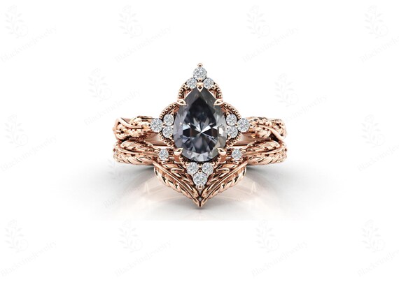 Natural Grey Spinel 2 Piece Ring Set For Engagement 14k Rose Gold Spinel Ring Set Art Deco Leaf Style Ring Set Unique Ring Set For Wedding