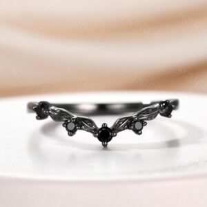 Nature Inspired Curve Band, Black Spinel Leaf Matching Band, black Gold Vintage Curved Wedding Band, stacking Ring For Women Curved Leafy Band Nature Inspired Curve Band, Black Spinel Leaf Matching Band, black Gold Vintage Curved Wedding Band, stacking Ring For Women Curved Leafy Band