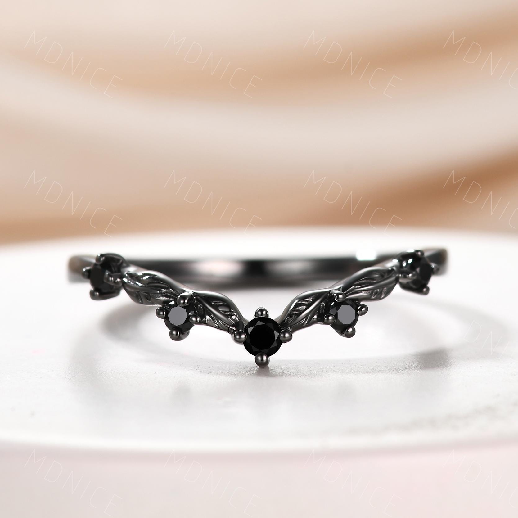 Nature Inspired Curve Band, Black Spinel Leaf Matching Band, Black Gold Vintage Curved Wedding Band, Stacking Ring For Women Curved Leafy Band Nature Inspired Curve Band, Black Spinel Leaf Matching Band, Black Gold Vintage Curved Wedding Band, Stacking Ring For Women Curved Leafy Band